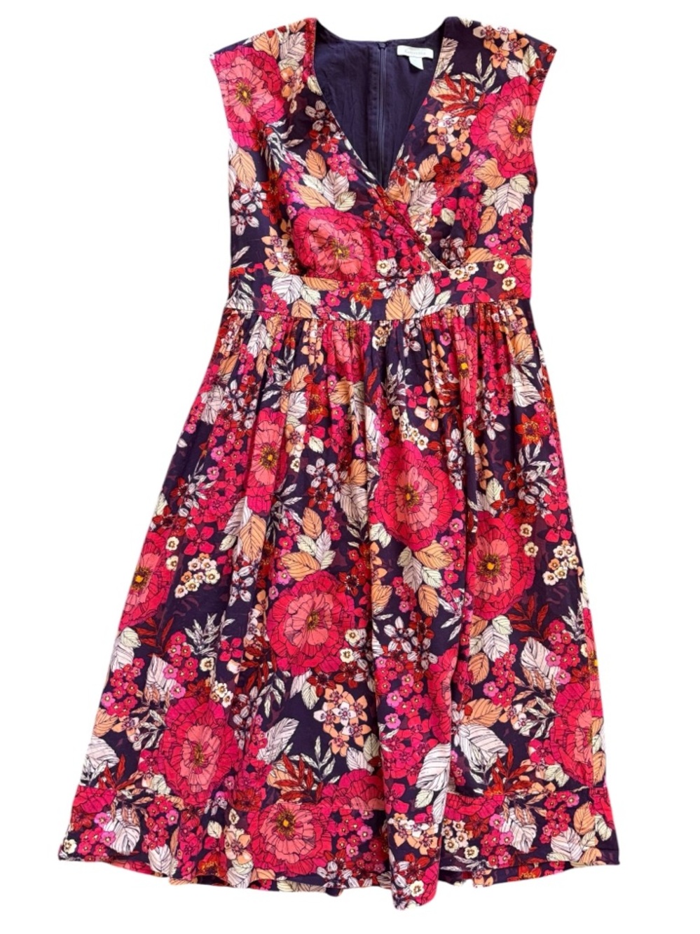 Garnet Hill Floral Midi Dress Womens 6 Fit Flare Wrap Style Cotton Lined